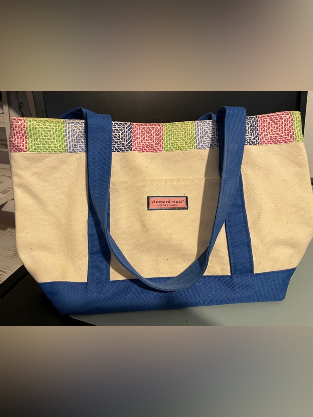 Vineyard Vines Cream Canvas Tote with Blue Base and Multicolor Trim